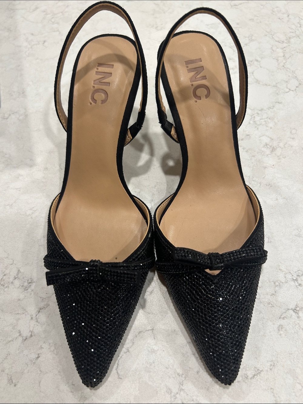 INC International Concepts Black Pointed Slingback Mules with Bow Detail